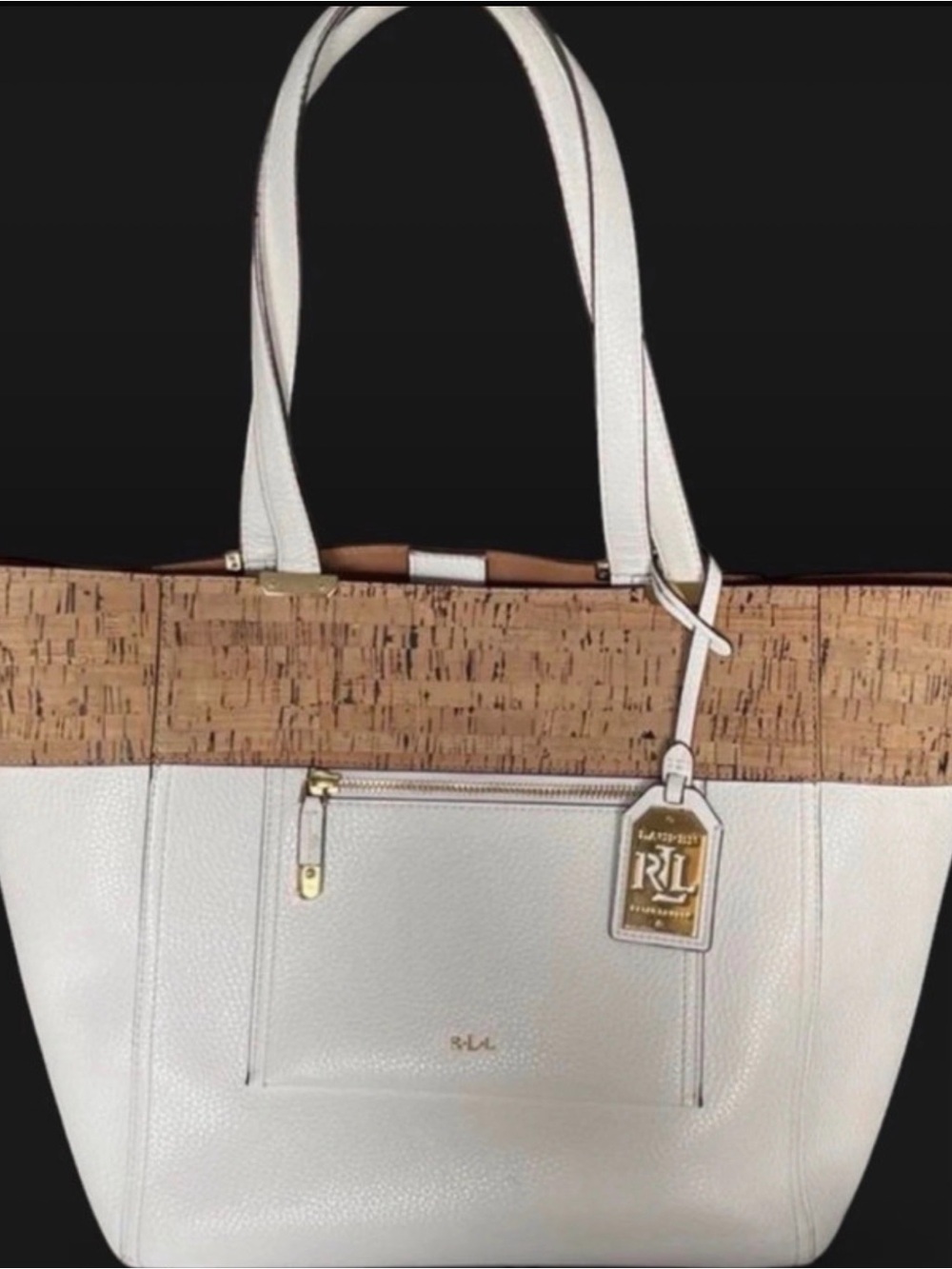 Ralph Lauren White Tote with Cork Trim and Gold Hardware